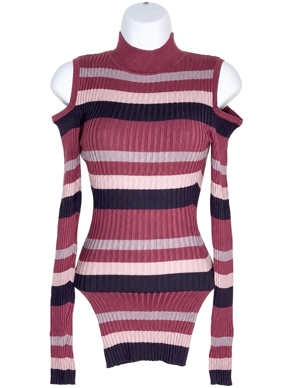 Derek Heart Women’s Striped Multicolor Cold-Shoulder Ribbed Sweater Size M